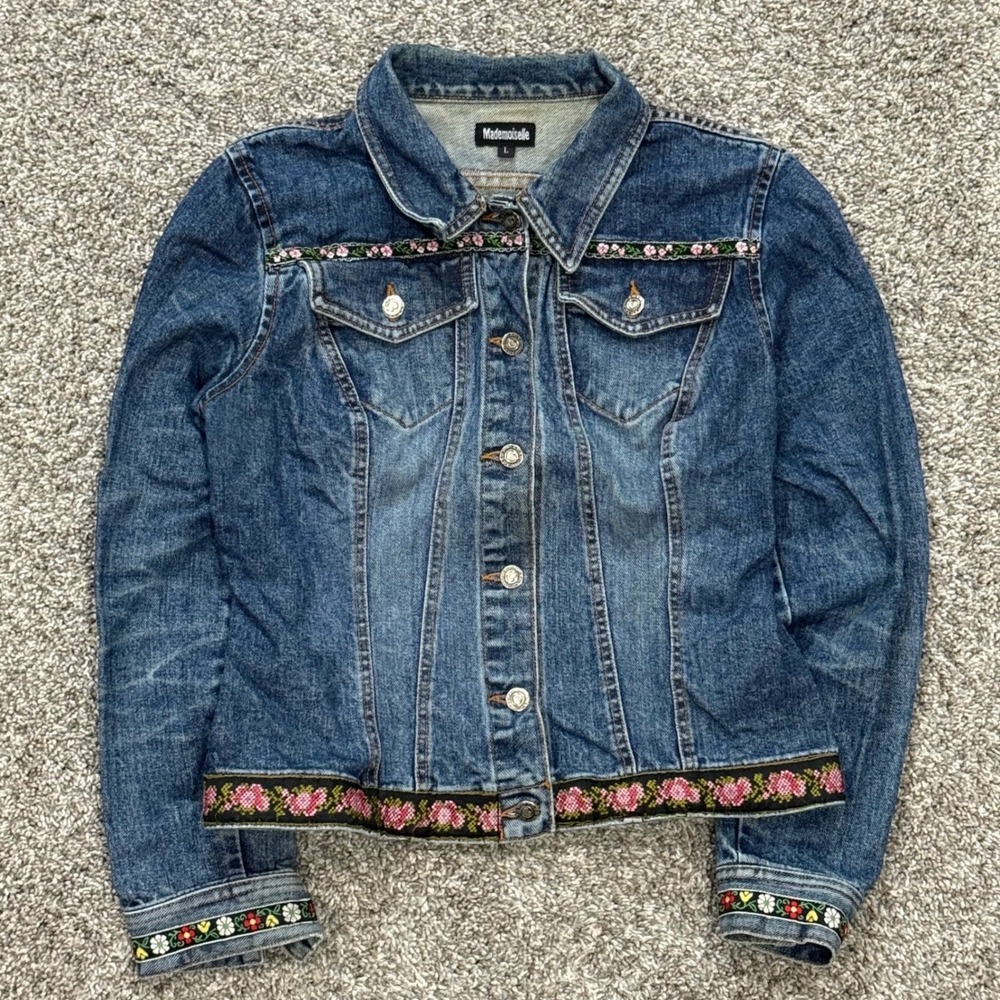 VTG‎ Mademoiselle Womens Denim Jean Jacket Embroidered Floral Trim Size S